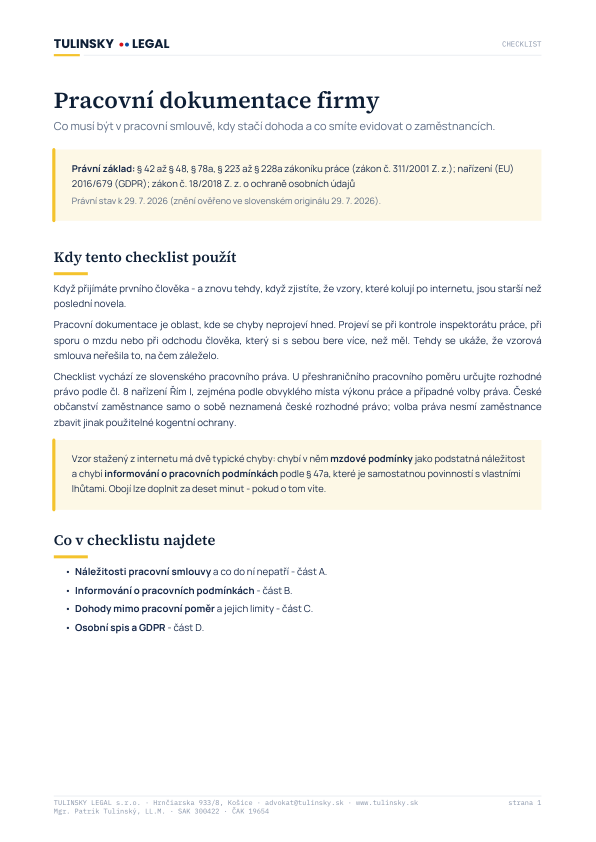 Ukázka první strany PDF: Pracovní dokumentace firmy